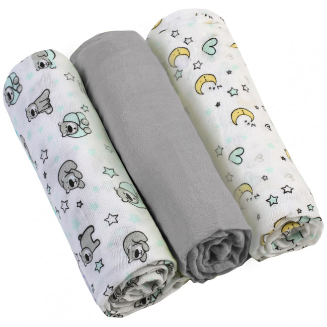 Babyono Muslin Swaddle Blanket 3 pcs 70x70cm - grey (BN348/01)