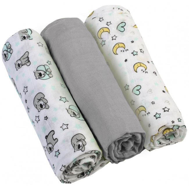 BabyOno Απαλές πάνες μουσελίνες 3 τμχ  70x70 cm  Γκρι BN348/01