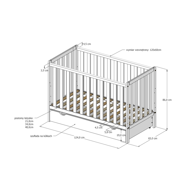 Βρεφική Κούνια Bambi 2 σε 1 60x120cm 3ων Επιπέδων Λευκό