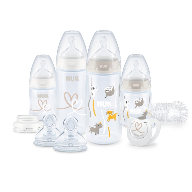 NUK First Choice+ Plastic Baby Bottle Set 9 Pieces with temperature control 0+ months Anti Colic Grey 10225267