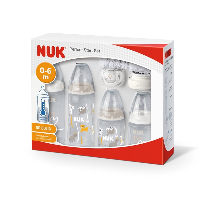 NUK First Choice+ Plastic Baby Bottle Set 9 Pieces with temperature control 0+ months Anti Colic Grey 10225267