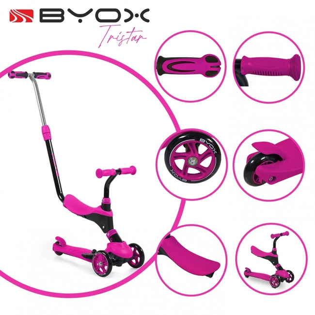 Byox Tristar 3 in 1 Convertible Scooter With Seat & Parent Handle - Pink 3800146227890