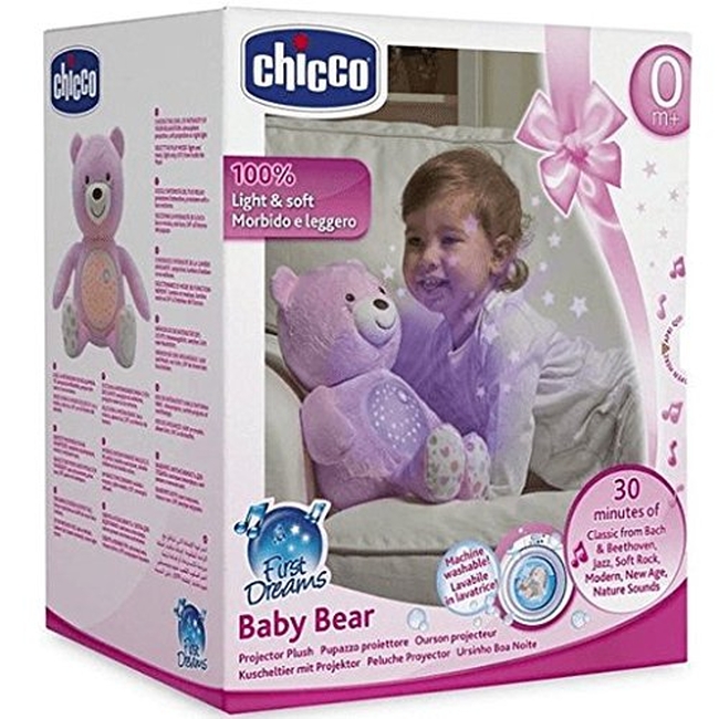 Chicco First Dreams Baby Bear Blue Musical Night Light Plush Teddy Toy - Pink