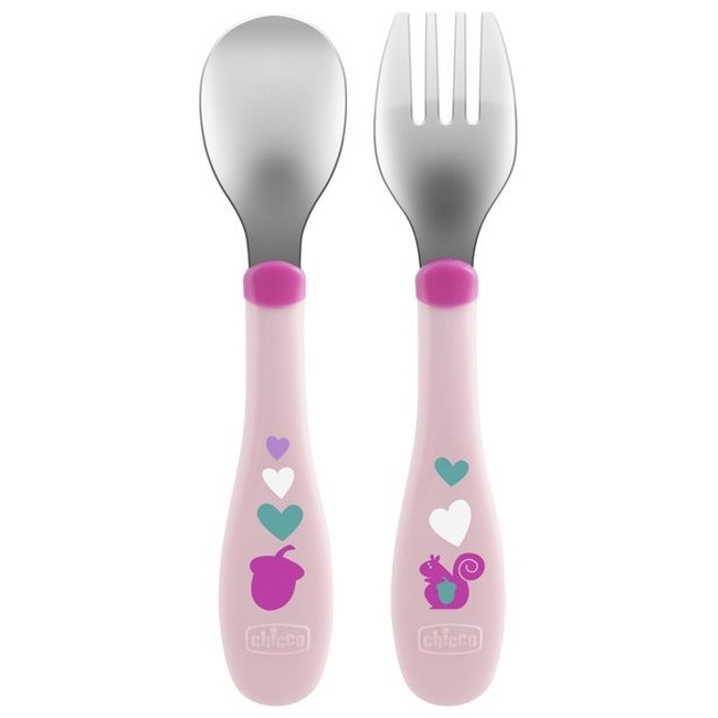 Chicco Metal Cutlery Mix & Match Σετ 2 τμχ Βρεφικό Κουτάλι Πιρούνι 18+μ Ροζ F05-16102-10