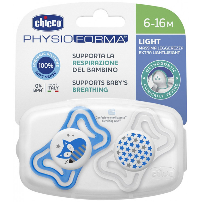 Chicco Physio Forma Light Silicone Pacifier Night 6-16 months 2pcs Blue 7103321