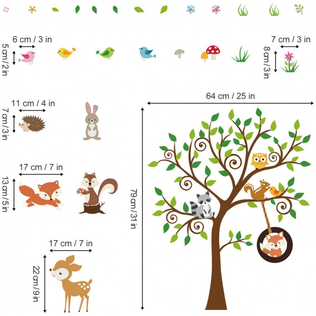 Decalmile Wall Stickers For Kids Room Forest Animals Tree DM0712