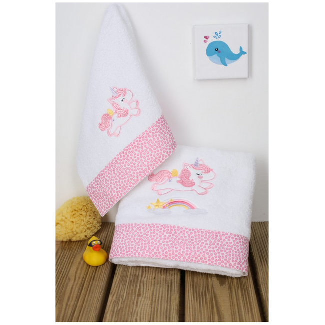 Dimcol Set of 2 -piece baby towels 30x50 & 70x140 cm Unicorn 42 White