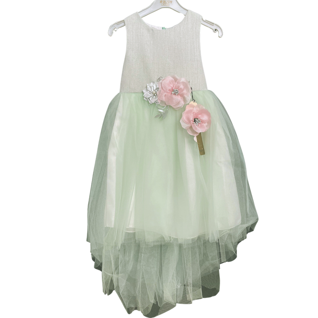 Mint Color Children's Dress with Asymmetric Tulle & Flower Belt