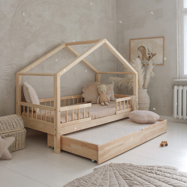 Luletto Housebed Bello Duo  Plus Wooden House Bed for Kids with Rails & Sleeping Drawer