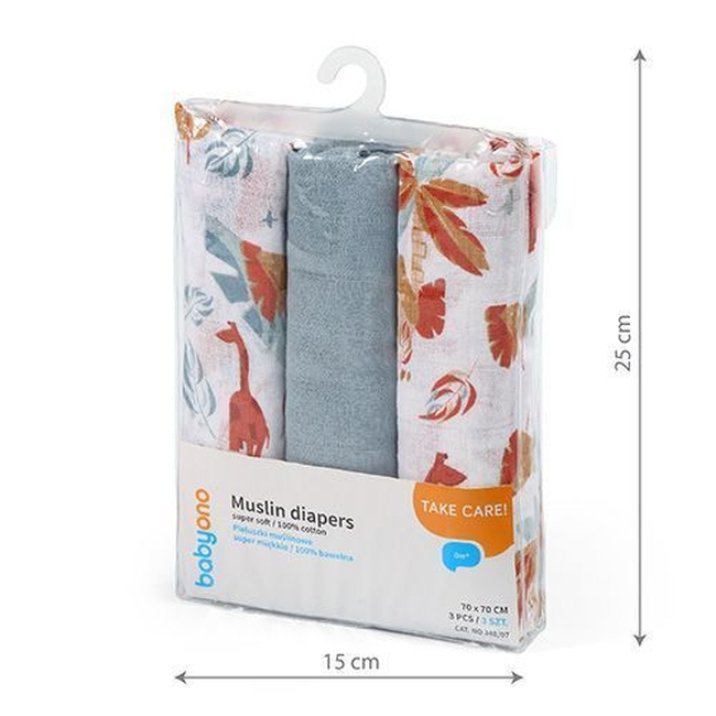 BabyOno 348/07 BLUE MUSLIN SNAPS 3 PCS 70x70cm