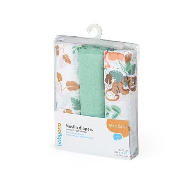 BabyOno 348/12 MUSLIN DIAPERS, 3PCS, GREEN ONO-66976