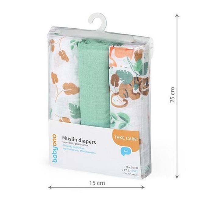 BabyOno 348/12 MUSLIN DIAPERS, 3PCS, GREEN ONO-66976