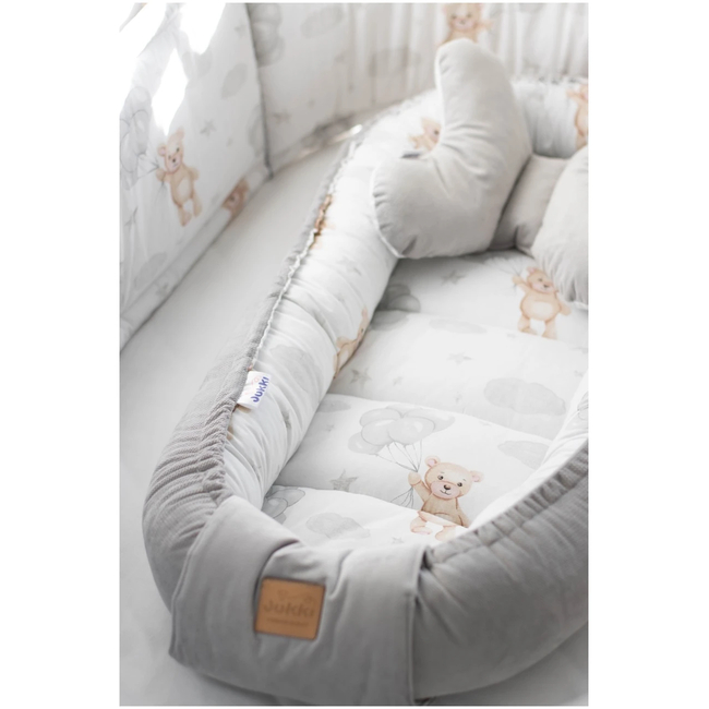 Jukki Baby Nest Cocoon Φωλιά Για Βρέφη 100x55 Διπλής Όψης Cloudy Bears & Γκρι Βελούδο