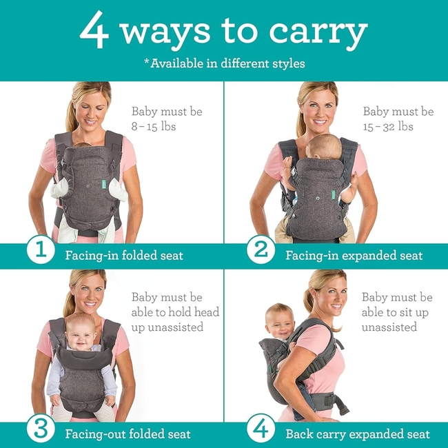 Infantino Flip 4-in-1 Baby Carrier | Ergonomic, Stylish & Adjustable Grey