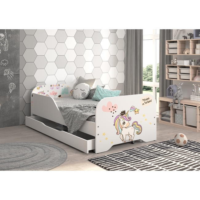 Miki Toddler Children Kids Bed Including Mattress + Drawer 160x80 - Unicorn Rainbow