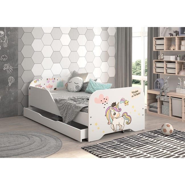 Toddler Children Kids Bed Including Mattress + Drawer 160x80 - Unicorn Rainbow