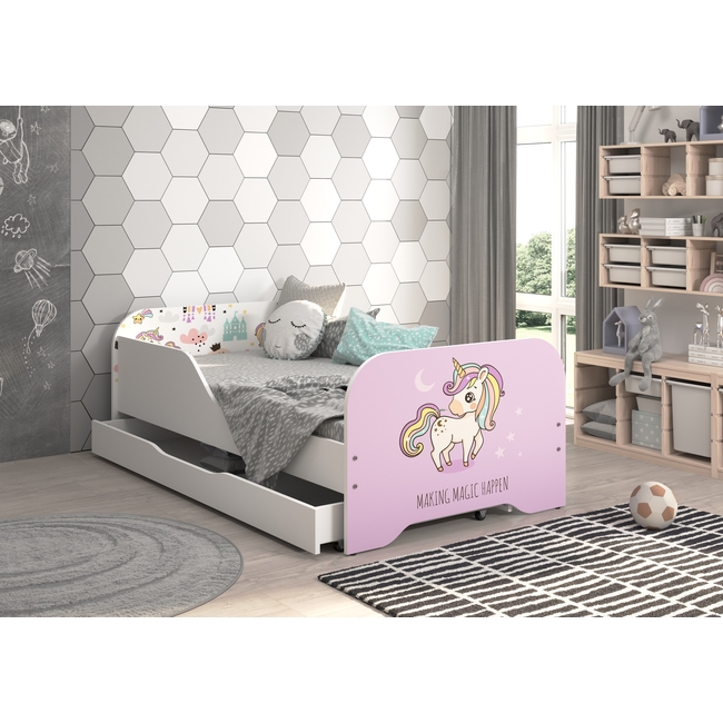 Toddler Miki Children Kids Bed Including Mattress + Drawer 160x80 - Pink Unicorn