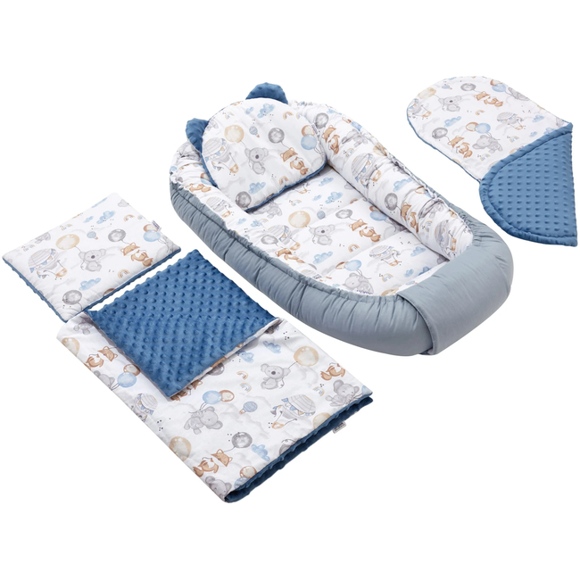 Jukki Baby Nest Cocoon Φωλιά Για Βρέφη 100x55 Διπλής Όψης Σετ 5 τχμ Balloon Friends & Denim Minky