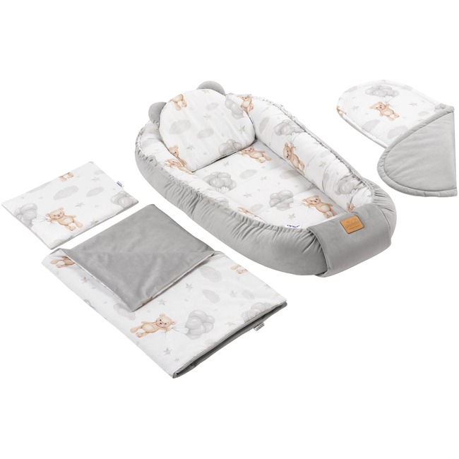 Jukki Baby Nest XXL For Babies 65x120 Set 5 pcs Cloudy Bears & Grey Velvet