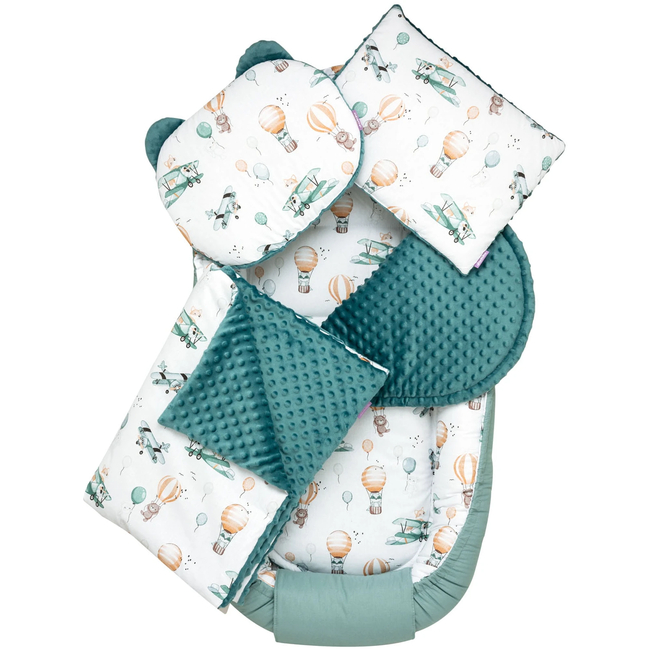Jukki Baby Φωλιά XXL Για Βρέφη 65x120 Σετ 5 τμχ Balloon Travel & Σμαράγδι Minky