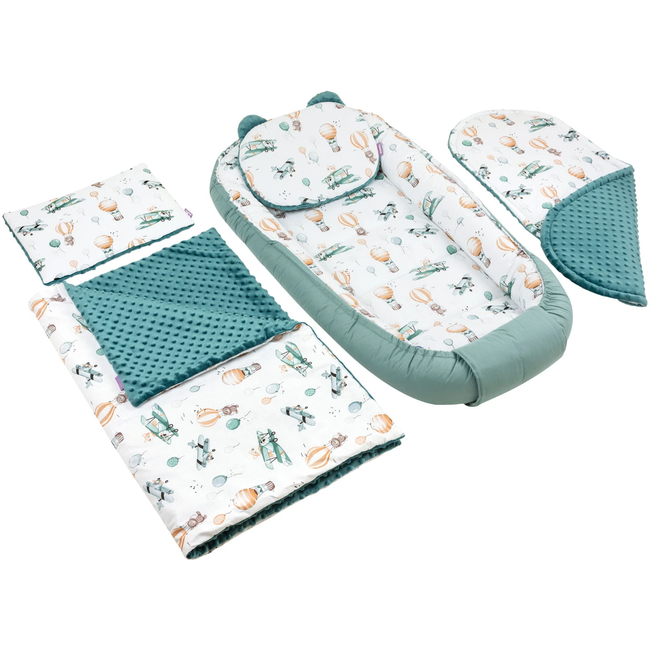 Jukki Baby Φωλιά XXL Για Βρέφη 65x120 Σετ 5 τμχ Balloon Travel & Σμαράγδι Minky