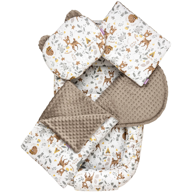 Jukki Baby Φωλιά XXL Για Βρέφη 65x120 Σετ 5 τμχ Magical Woodland & Μόκα Minky