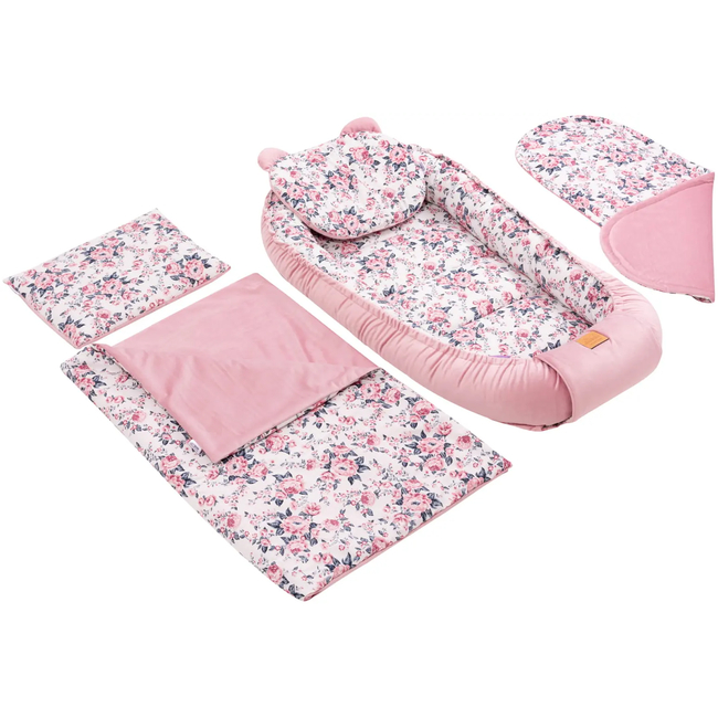 Jukki Baby Φωλιά XXL Για Βρέφη 65x120 Σετ 5 τμχ Roses & Smokey Ροζ Soft Velvet