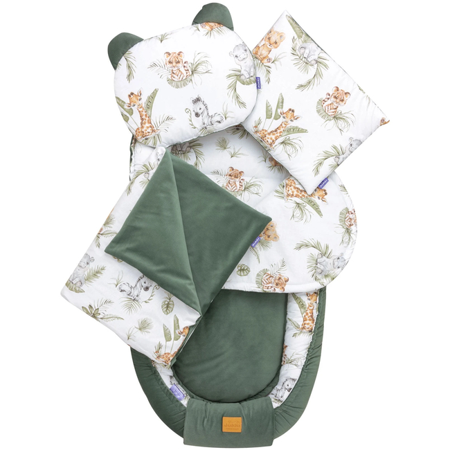 Jukki Baby Nest XXL For Babies 65x120 Set 5 pcs Savanna Fun & Ελιά βελούδο