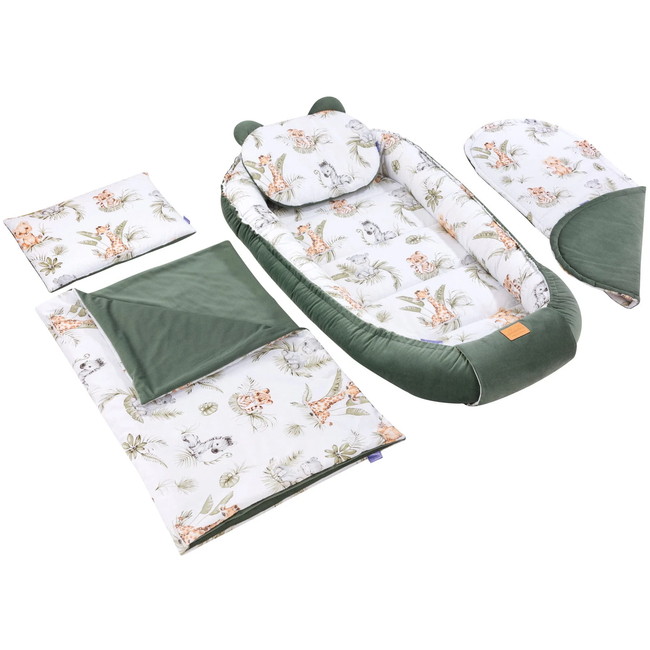 Jukki Baby Nest XXL For Babies 65x120 Set 5 pcs Savanna Fun & Ελιά βελούδο