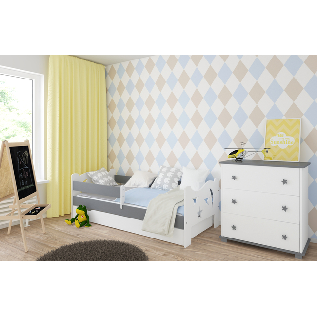 Παιδικό Κρεβάτι Kamile με Συρτάρι + Δώρο Στρώμα από 140 έως 180x80 cm Λευκό Γκρι
