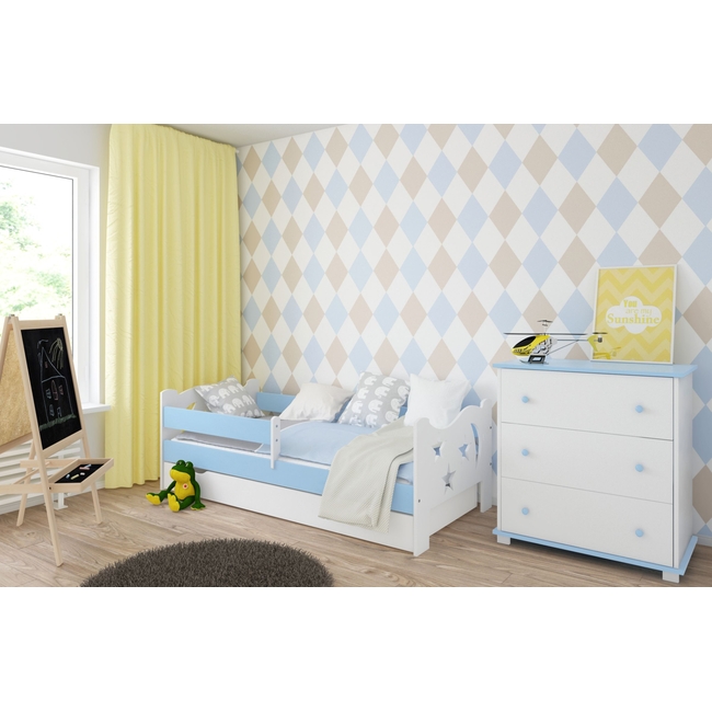 Παιδικό Κρεβάτι Kamile με Συρτάρι + Δώρο Στρώμα από 140 έως 180x80 cm Λευκό Γαλάζιο