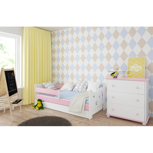 Παιδικό Κρεβάτι Kamile με Συρτάρι + Δώρο Στρώμα από 140 έως 180x80 cm Λευκό Ροζ