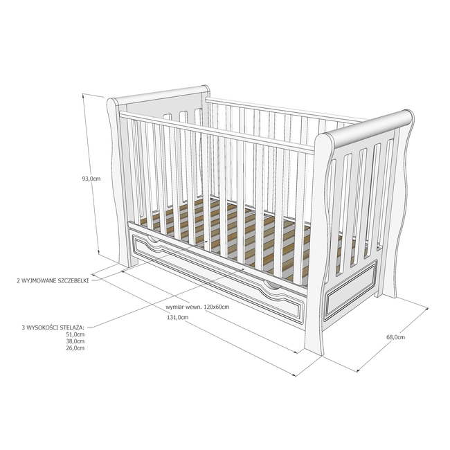 Baby Cradle Megan for mattress 60x120 cm with Drawer White