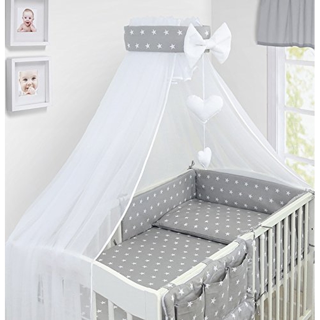 Luxury Σετ Προίκας Μωρού για Κούνια 10 τμχ OEM με Κουνουπιέρα 120 x 60 cm -  Stars Grey (710205)