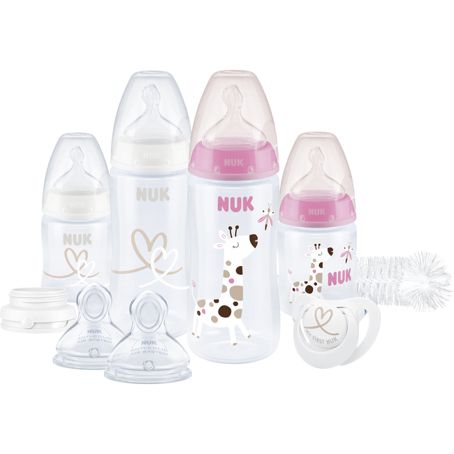NUK First Choice+ Plastic Baby Bottle Set 9 Pieces with temperature control 0+ months Anti Colic Pink 10225275