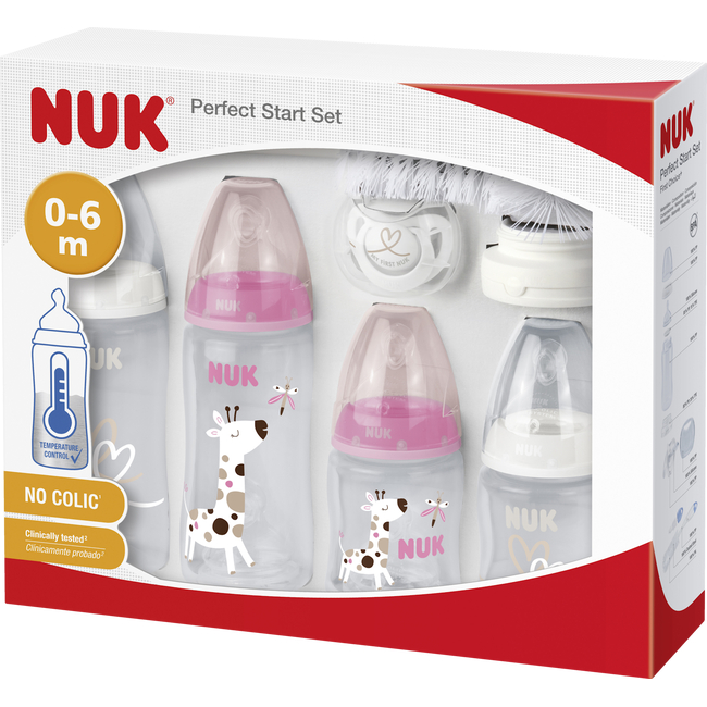 NUK First Choice+ Plastic Baby Bottle Set 9 Pieces with temperature control 0+ months Anti Colic Pink 10225275
