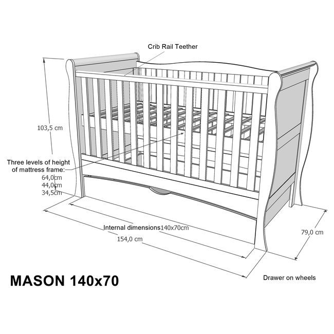 Baby Cradle Mason 3 in 1 for mattress 70x140 cm with Drawer White