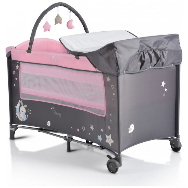 Moni Sleepy Travel cot with second floor and Wheels Pink 3800146248598
