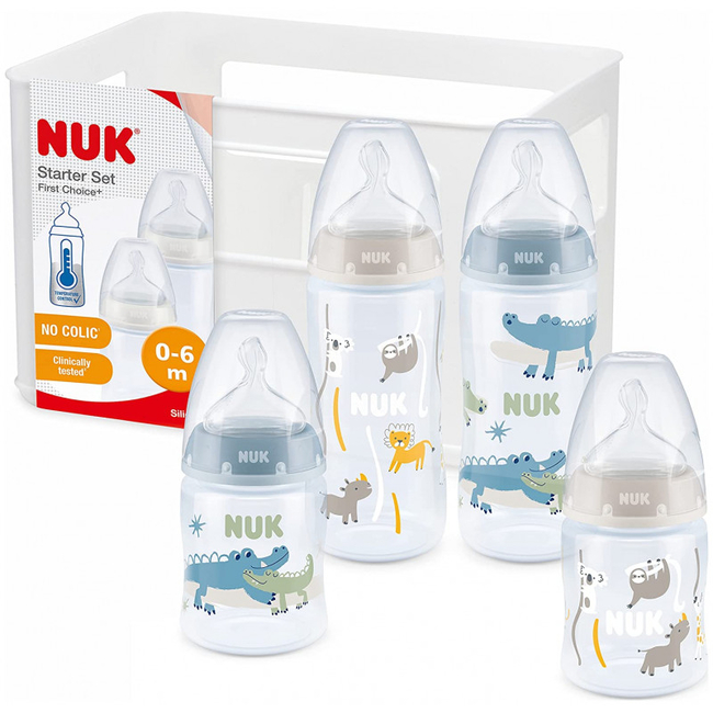 NUK First Choice+ Set of 5 Plastic Baby Bottles with Temperature Control & Bottle Box 0+ Months Anti Colic Blue