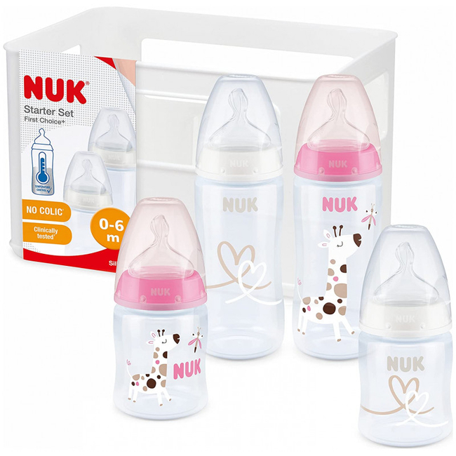 NUK First Choice+ Set of 5 Plastic Baby Bottles with Temperature Control & Bottle Box 0+ Months Anti Colic Pink