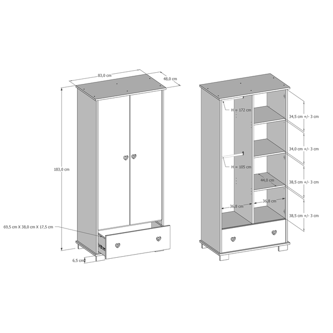 Serca two-door wardrobe with drawer 83x46x183cm White olcha