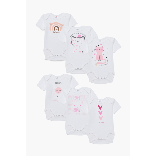Pretty Baby Cute Girl Σετ 6 βρεφικά βαμβακερά κορμάκια κοντό μανίκι Λευκό Ροζ