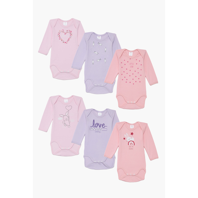 Pretty Baby Bunny Set of 6 Baby Cotton Bodysuits Long Sleeve Pink Lilac