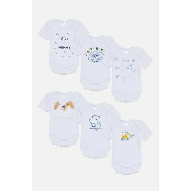 Pretty Baby Φαγάνα Σετ 6 βρεφικά βαμβακερά κορμάκια κοντό μανίκι Λευκό Σιέλ