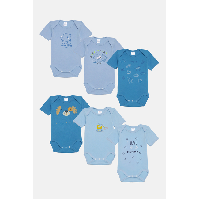 Pretty Baby Mummy Σετ 6 βρεφικά βαμβακερά κορμάκια κοντό μανίκι Σιέλ