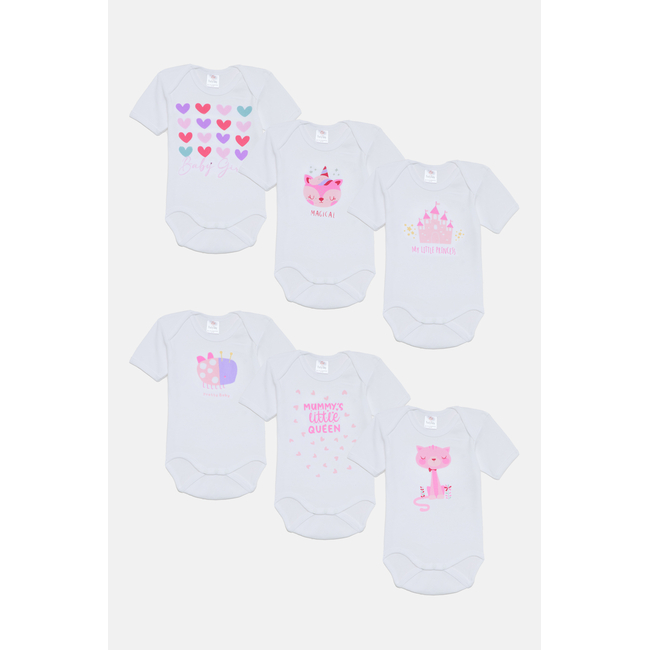 Pretty Baby Queen Σετ 6 βρεφικά βαμβακερά κορμάκια κοντό μανίκι Λευκό Ροζ