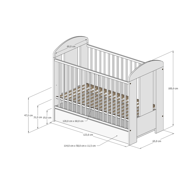 Ptilou Baby Crib 60x120cm 3 Levels (FREE mattress, Drawer) White Walnut
