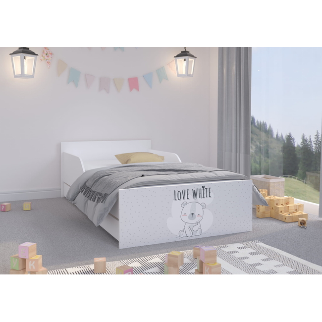 Pufi Children's Bed 90x180 cm with Drawer + Free Mattress - White Bear