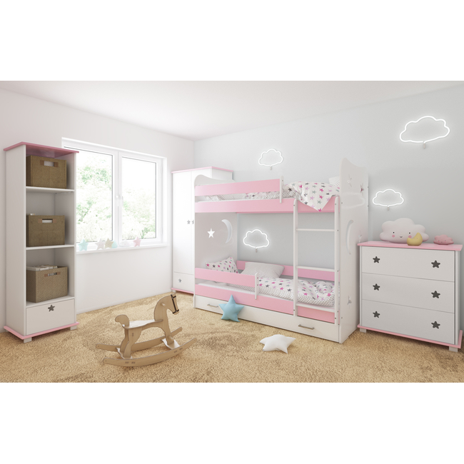 Stars II Children's Bunk Bed with Drawer for mattress 80x160 + Gift 2 Mattresses Pink