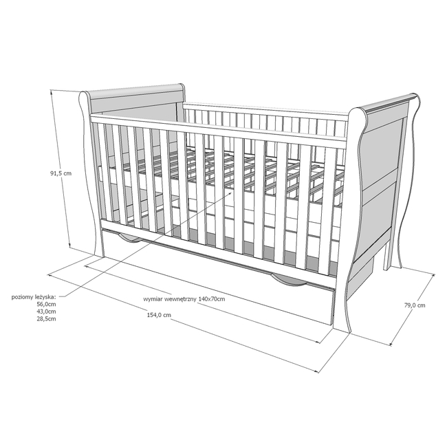 Baby Cradle Scarlet 3 in 1 for mattress 70x140 cm with Drawer White